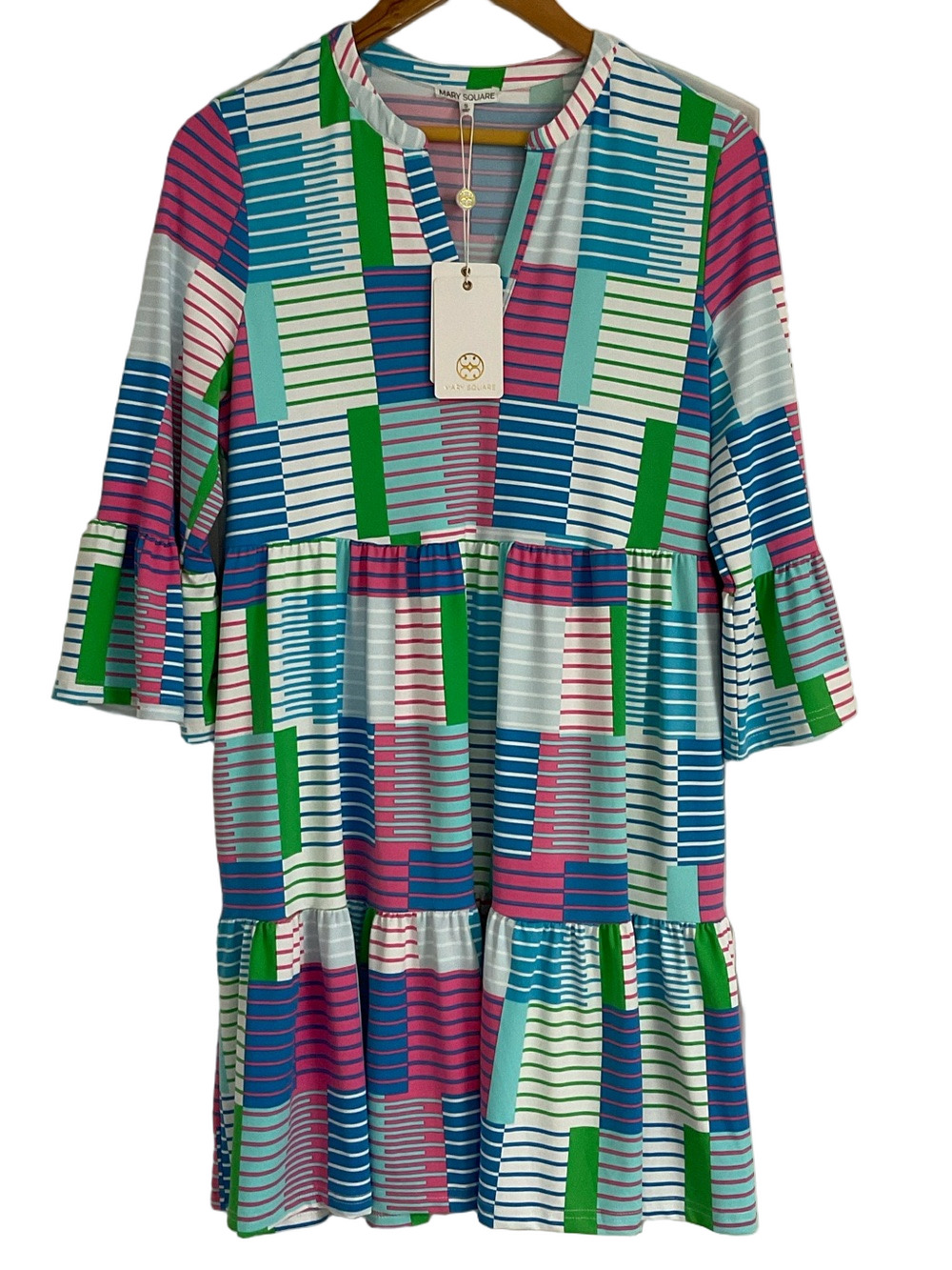 NWT Mary Square Yacht Club Laguna Dress with Tiered Bell Sleeves Size Small